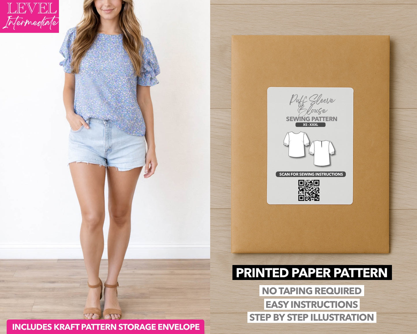 Puff Sleeve Blouse printed sewing pattern with easy instructions and step by step illustrations.
