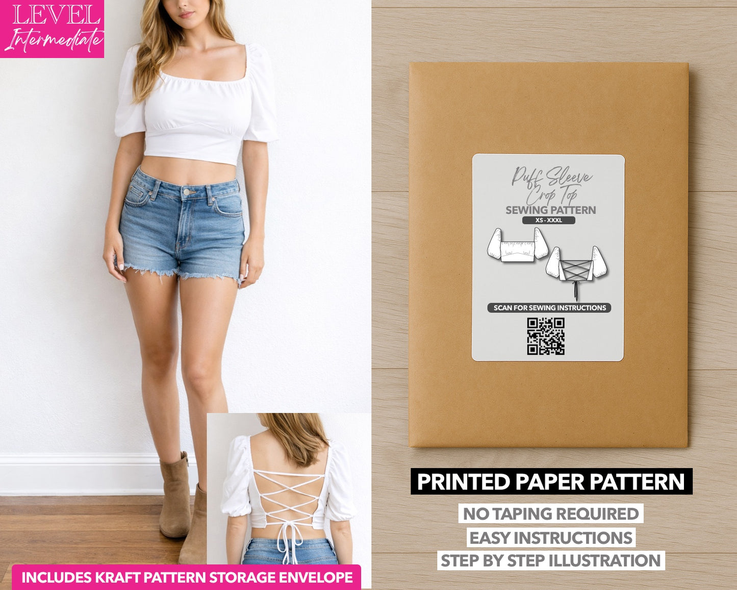 Puff Sleeve Crop Top printed sewing pattern with easy instructions and step by step illustrations.