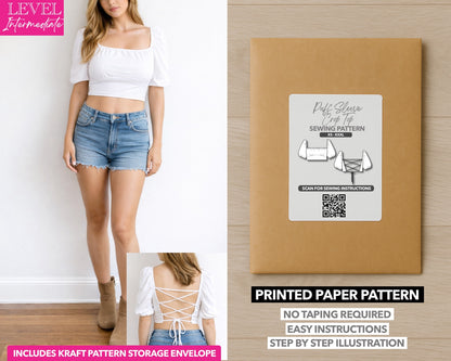 Puff Sleeve Crop Top printed sewing pattern with easy instructions and step by step illustrations.