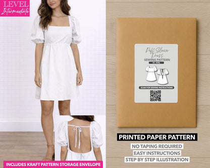 Puff Sleeve Dress printed sewing pattern with easy instructions and step by step illustrations.