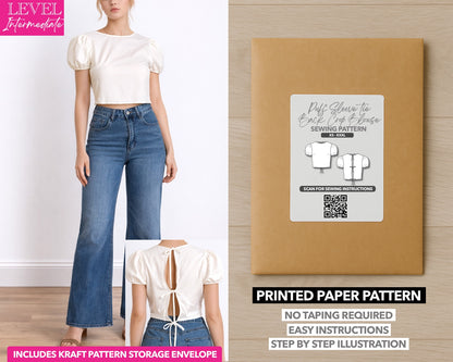 Puff Sleeve Tie Back Crop Blouse printed sewing pattern with easy instructions and step by step illustrations.