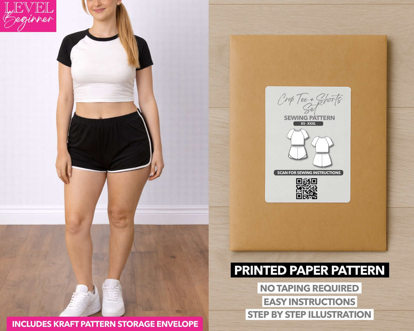 Raglan Sleeve Crop Top and Dolphin Shorts Set printed sewing pattern with easy instructions and step by step illustrations.