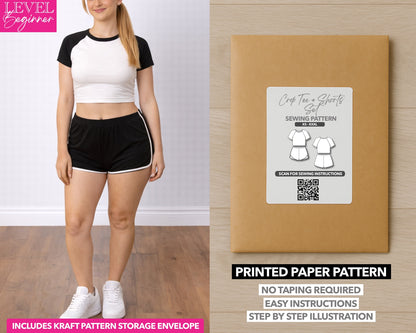 Raglan Sleeve Crop Top and Dolphin Shorts Set printed sewing pattern with easy instructions and step by step illustrations.