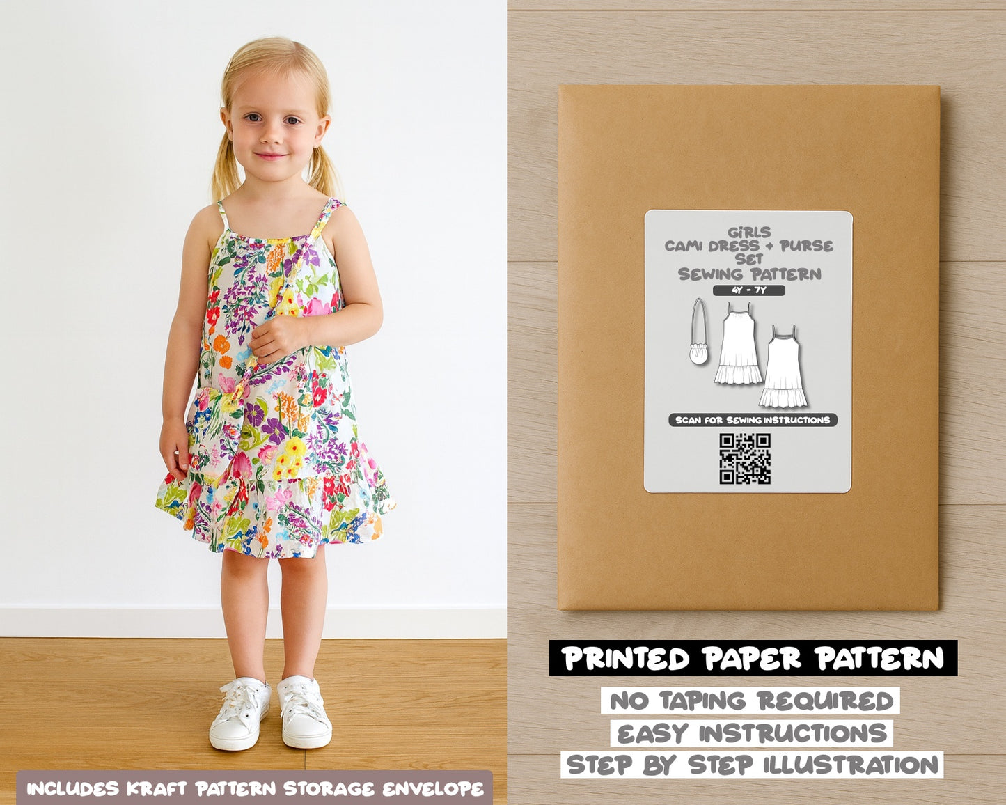 Girls Ruffle Hem Cami Dress and Purse Set Sewing Pattern