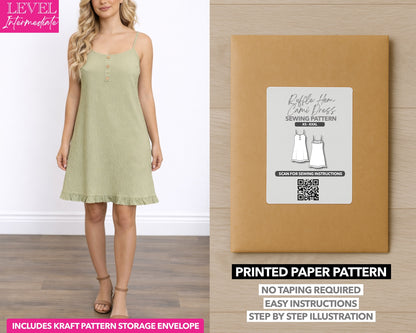 Ruffle Hem Strap Cami Mini Dress printed sewing pattern with easy instructions and step by step illustrations.
