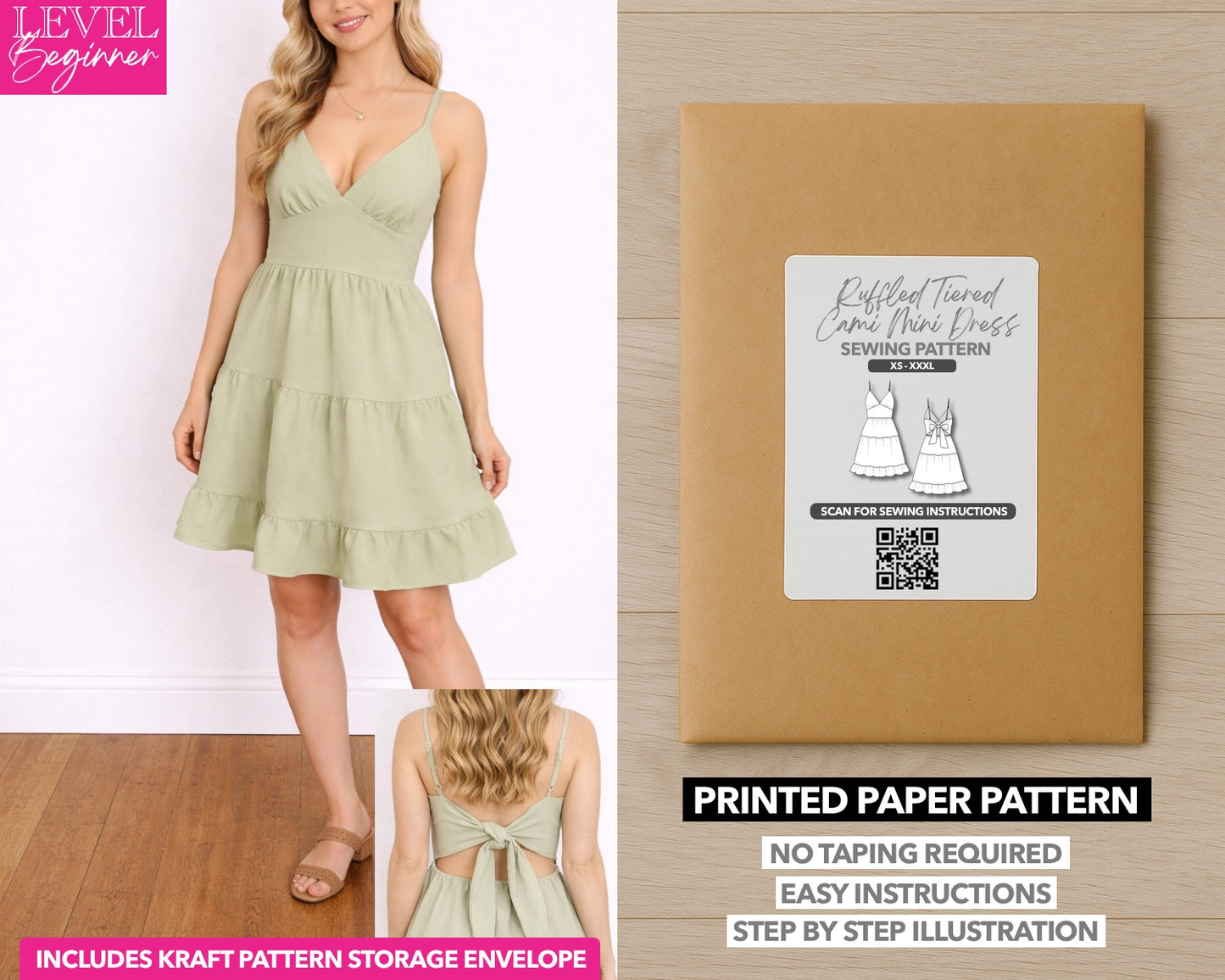 Ruffle Hem Tiered Cami Mini Dress printed sewing pattern with easy instructions and step by step illustrations.