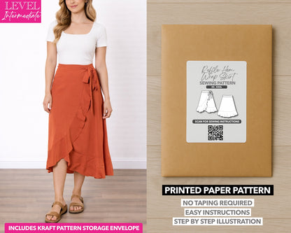 Ruffle Hem Wrap Midi Skirt printed sewing pattern with easy instructions and step by step illustrations.