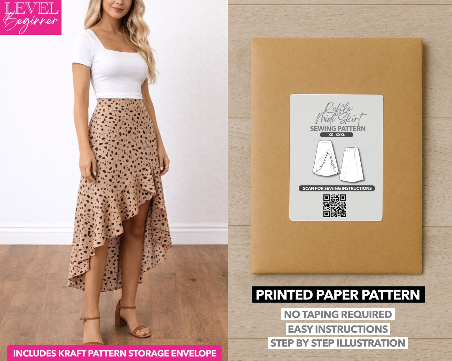 Ruffle Midi Skirt printed sewing pattern with easy instructions and step by step illustrations.