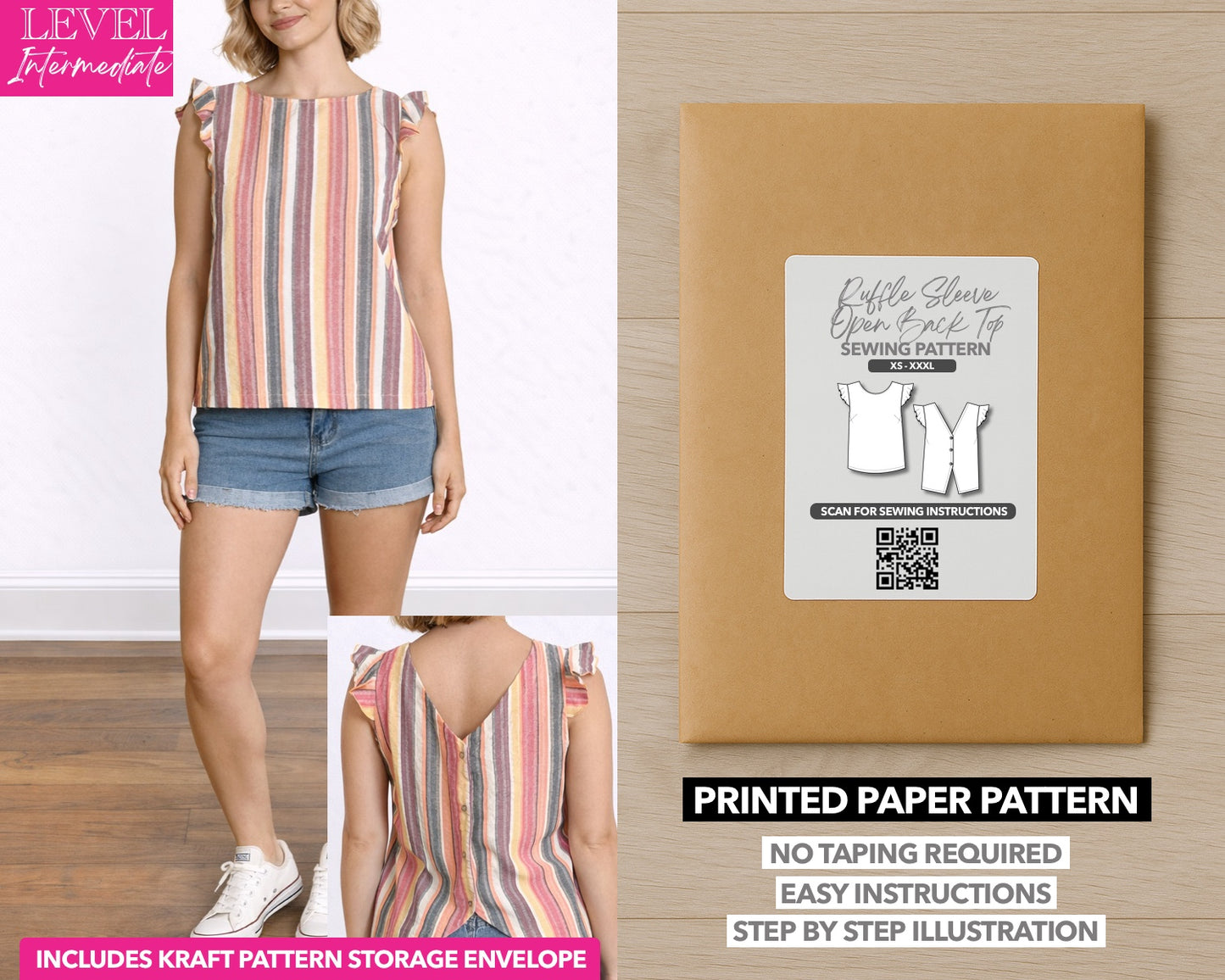 Ruffle Sleeve Button Back Top printed sewing pattern with easy instructions and step by step illustrations.
