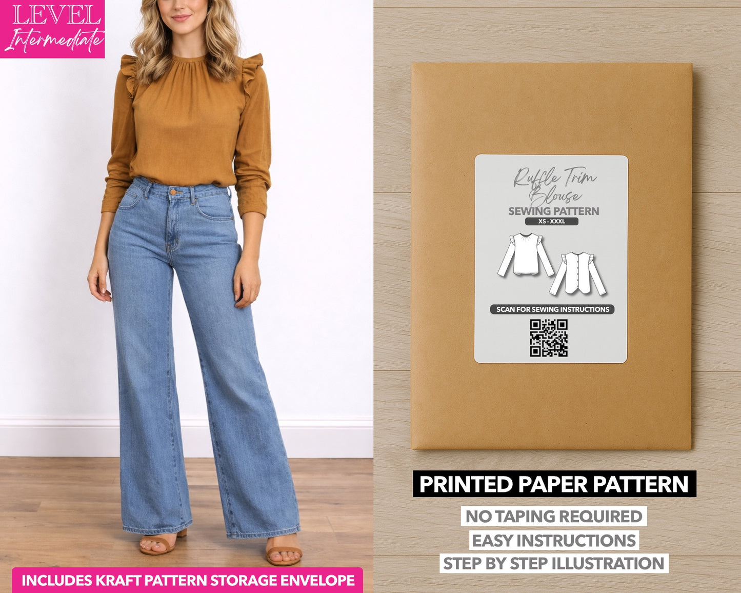 Ruffle Trim Button Back Blouse printed sewing pattern with easy instructions and step by step illustrations.