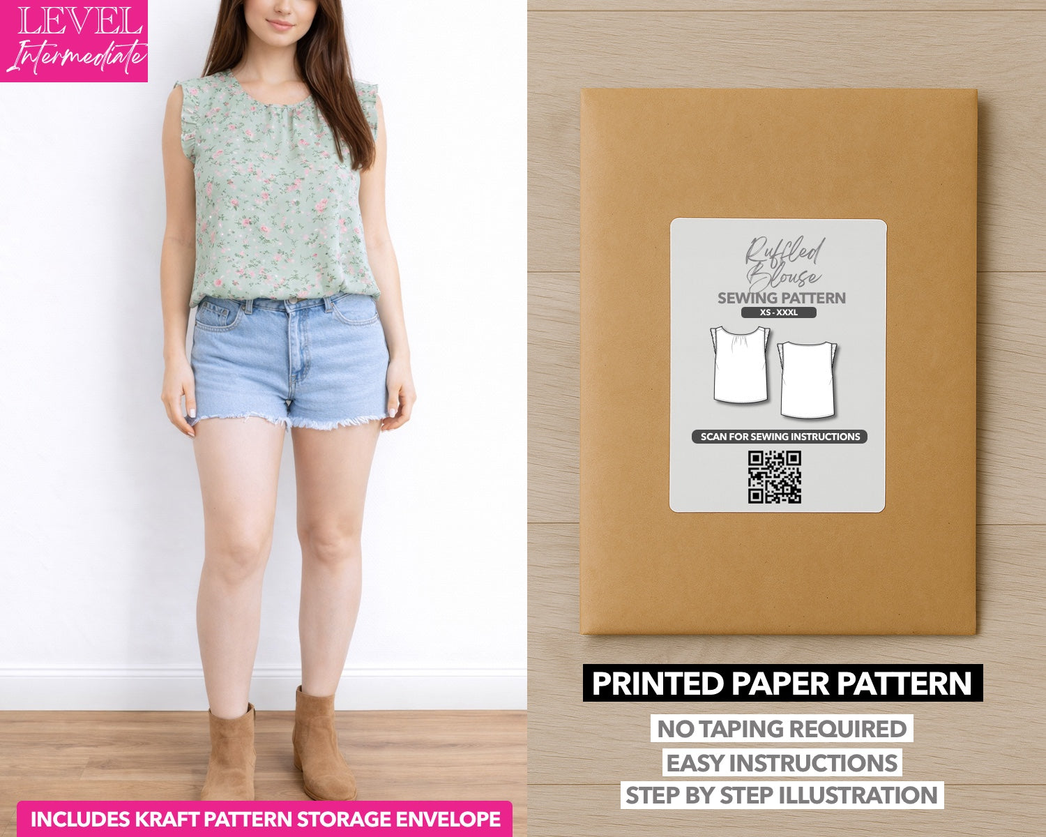 Ruffled Blouse printed sewing pattern with easy instructions and step by step illustrations.