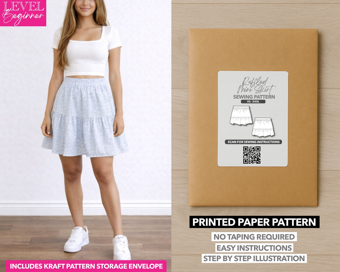 Ruffled Mini Skirt printed sewing pattern with easy instructions and step by step illustrations.