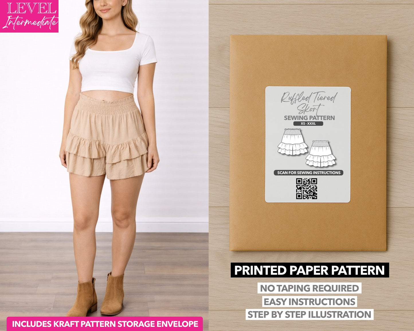 Ruffled Tiered Skort printed sewing pattern with easy instructions and step by step illustrations.