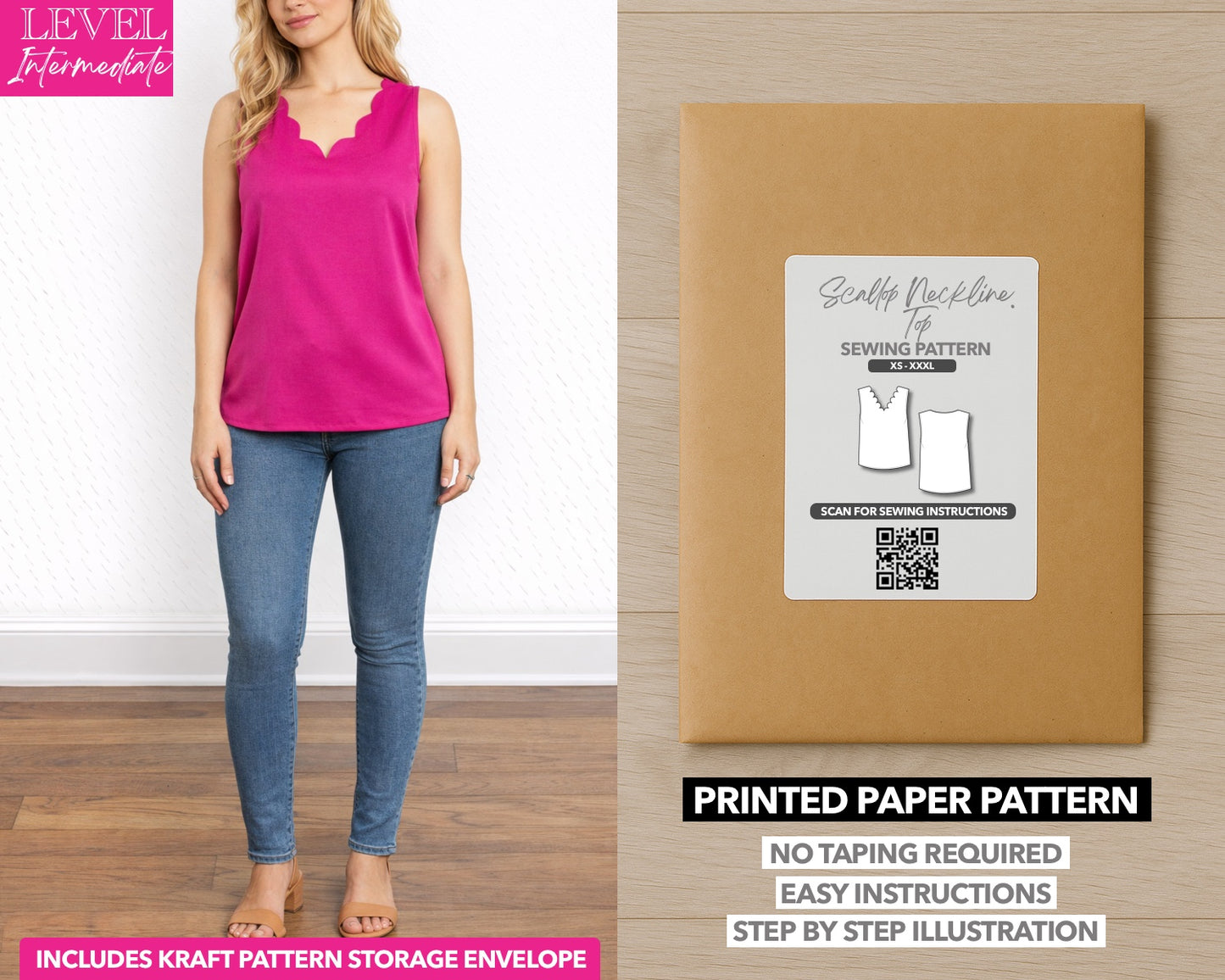 Scallop Neckline Sleeveless Top printed sewing pattern with easy instructions and step by step illustrations.
