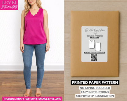Scallop Neckline Sleeveless Top printed sewing pattern with easy instructions and step by step illustrations.