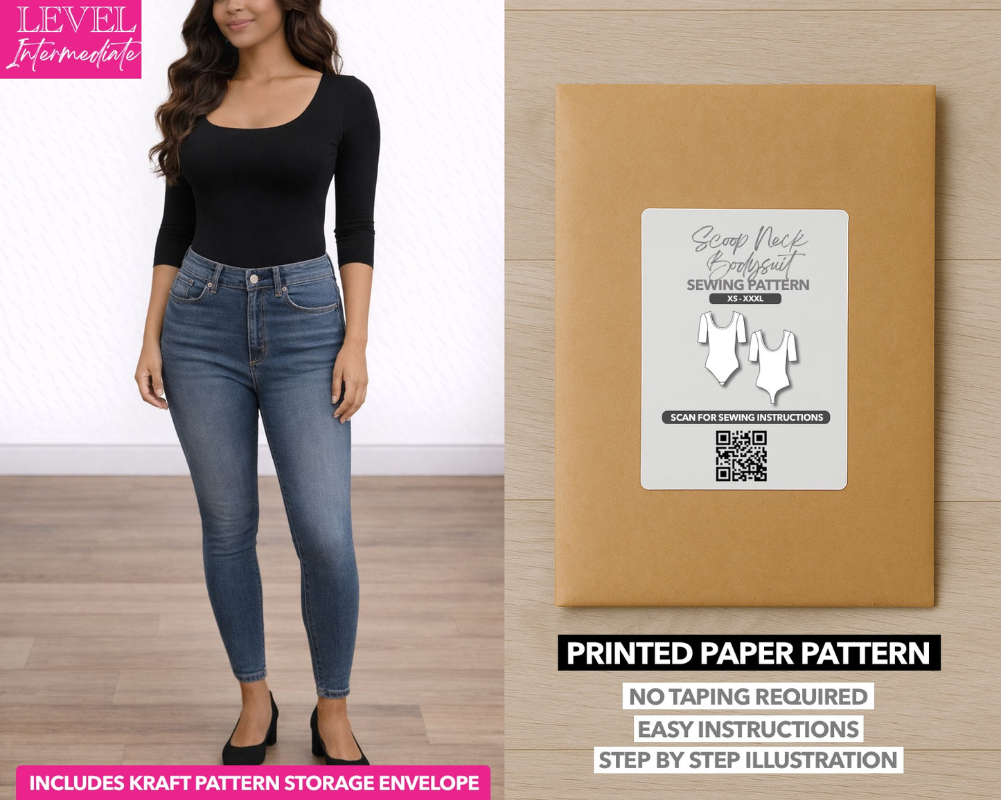 Scoop Neck Bodysuit printed sewing pattern with easy instructions and step by step illustrations.