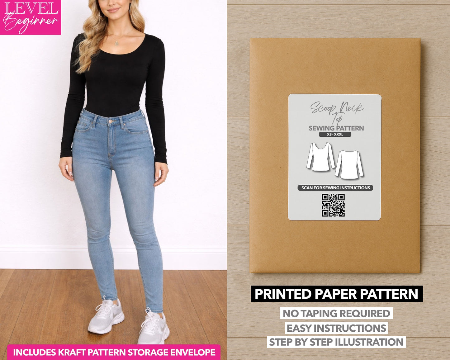 Scoop Neck Long Sleeve Top printed sewing pattern with easy instructions and step by step illustrations.