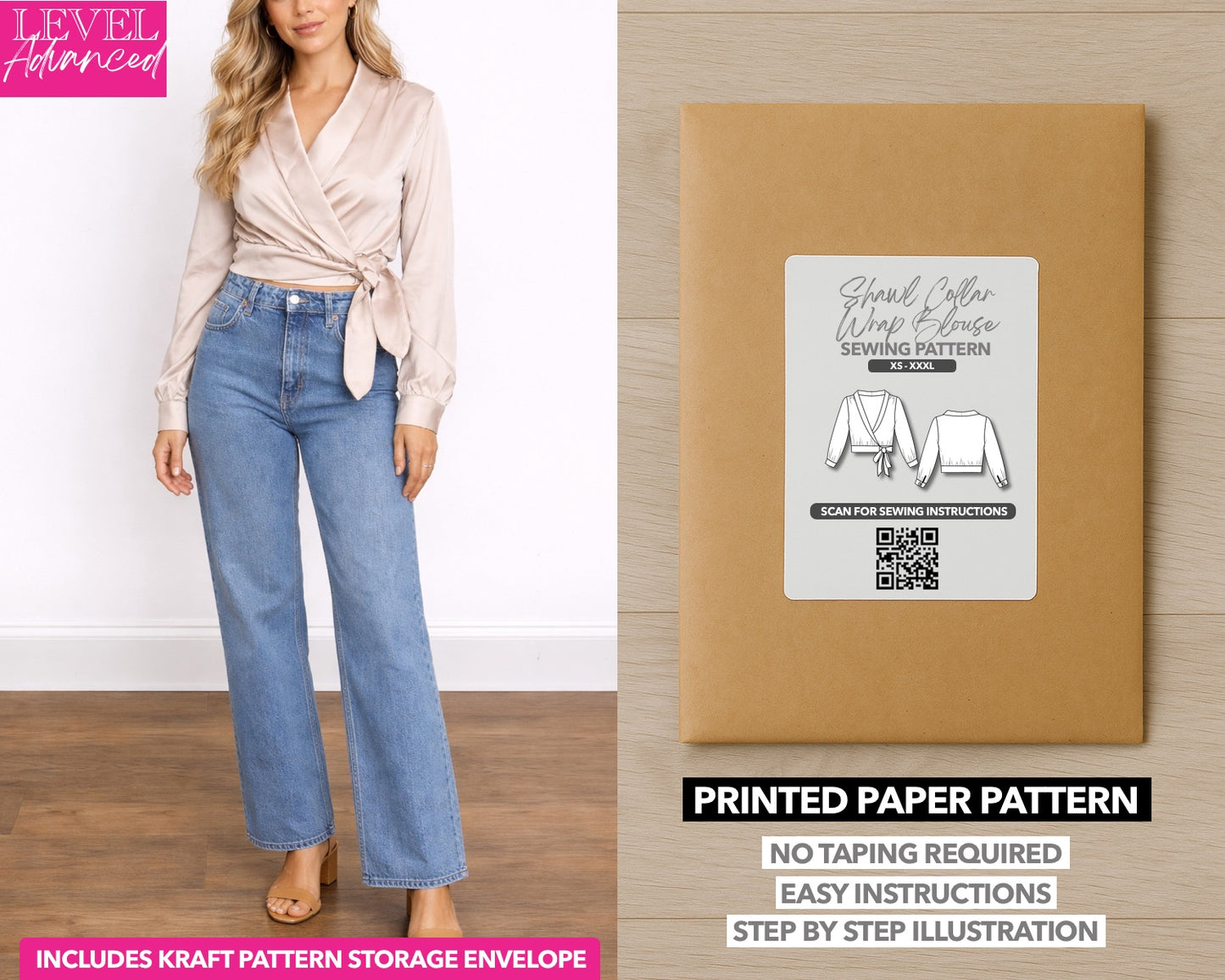 Shawl Collar Wrap Blouse printed sewing pattern with easy instructions and step by step illustrations.