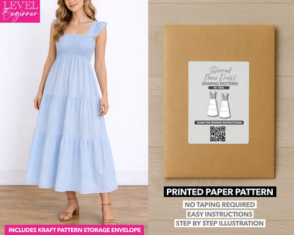 Shirred Maxi Dress printed sewing pattern with easy instructions and step by step illustrations.