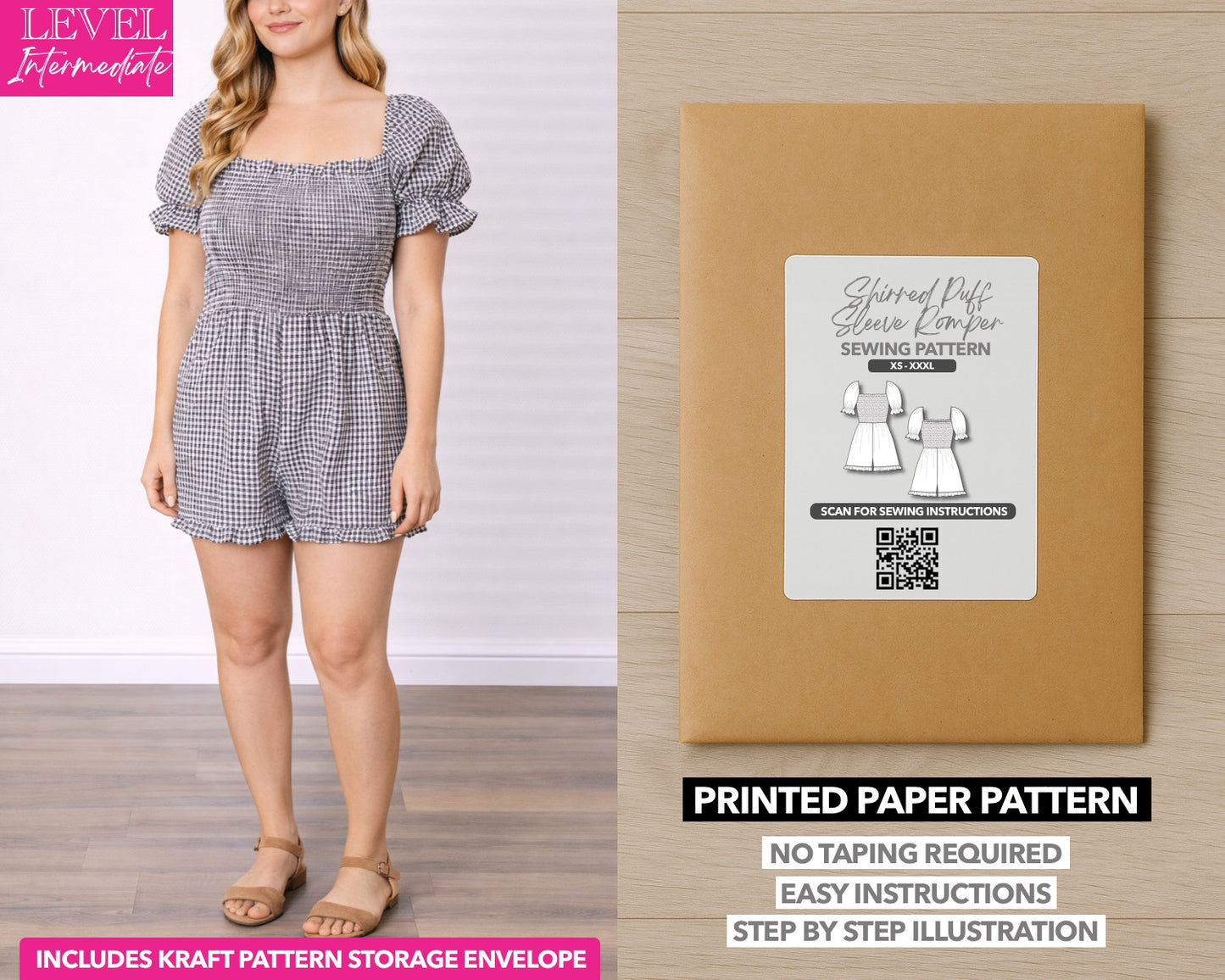 Shirred Puff Sleeve Romper printed sewing pattern with easy instructions and step by step illustrations.