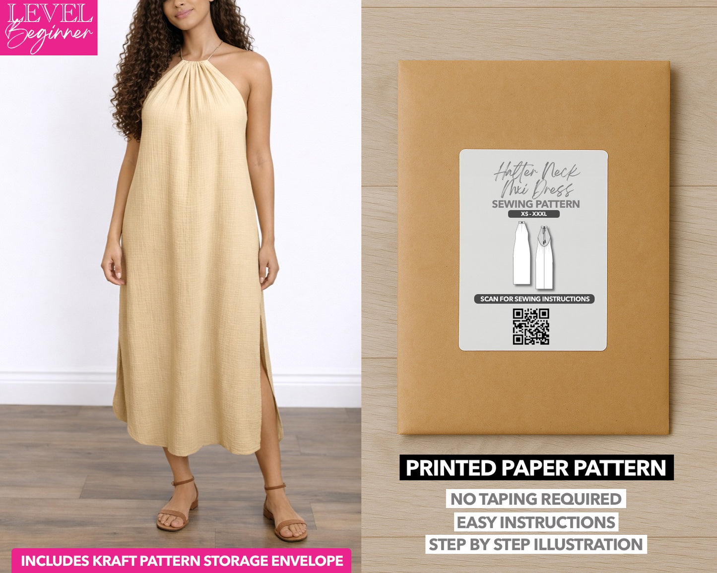 Side Slit Halter Neck Backless Maxi Dress printed sewing pattern with easy instructions and step by step illustrations.