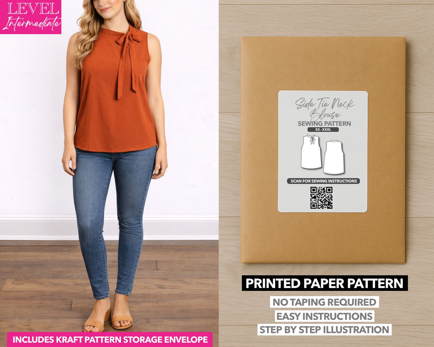 Side Tie Neck Sleeveless Blouse printed sewing pattern with easy instructions and step by step illustrations.