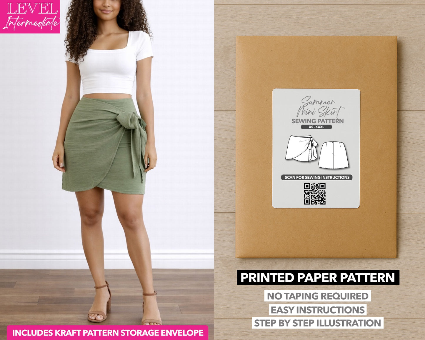 Side Tie Wrap Mini Skirt printed sewing pattern with easy instructions and step by step illustrations.