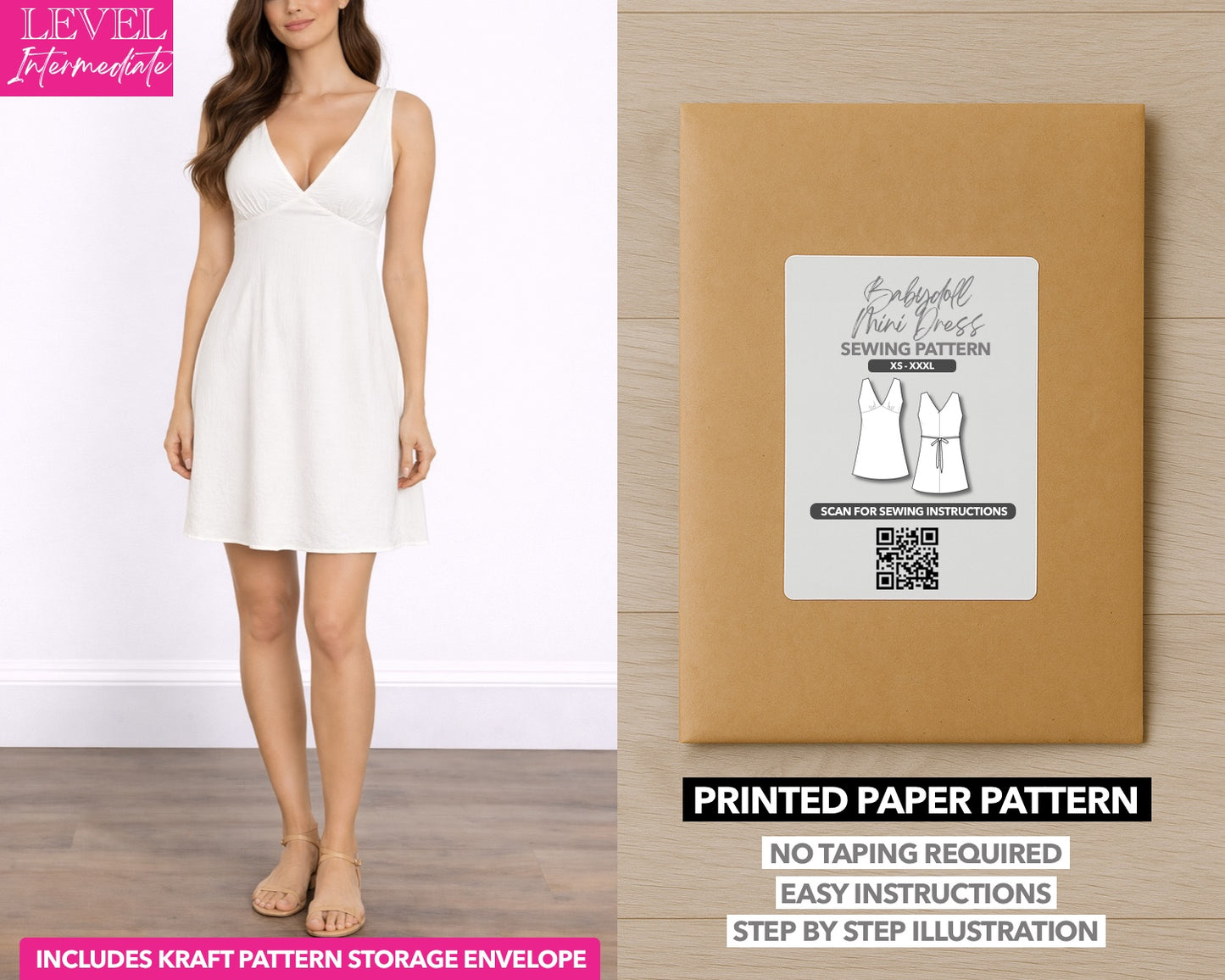 Sleeveless Babydoll Mini Dress printed sewing pattern with easy instructions and step by step illustrations.
