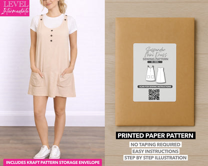 Sleeveless Suspender Shift Dress printed sewing pattern with easy instructions and step by step illustrations.