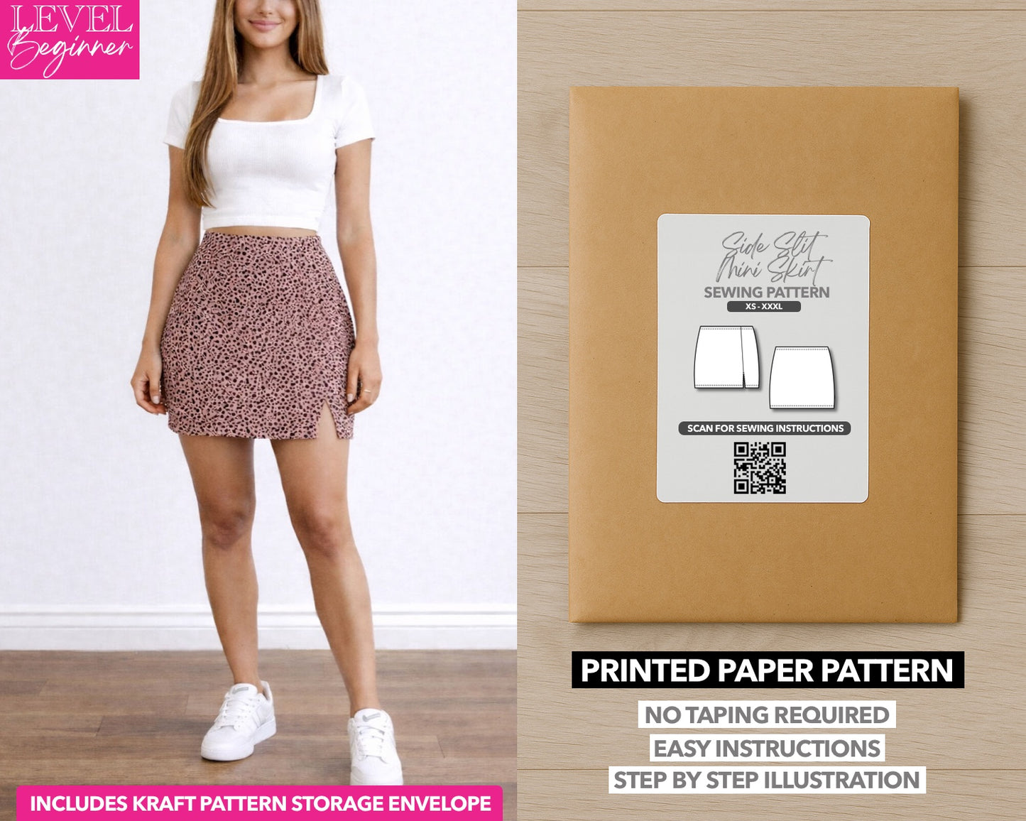 Slit Mini Skirt printed sewing pattern with easy instructions and step by step illustrations.