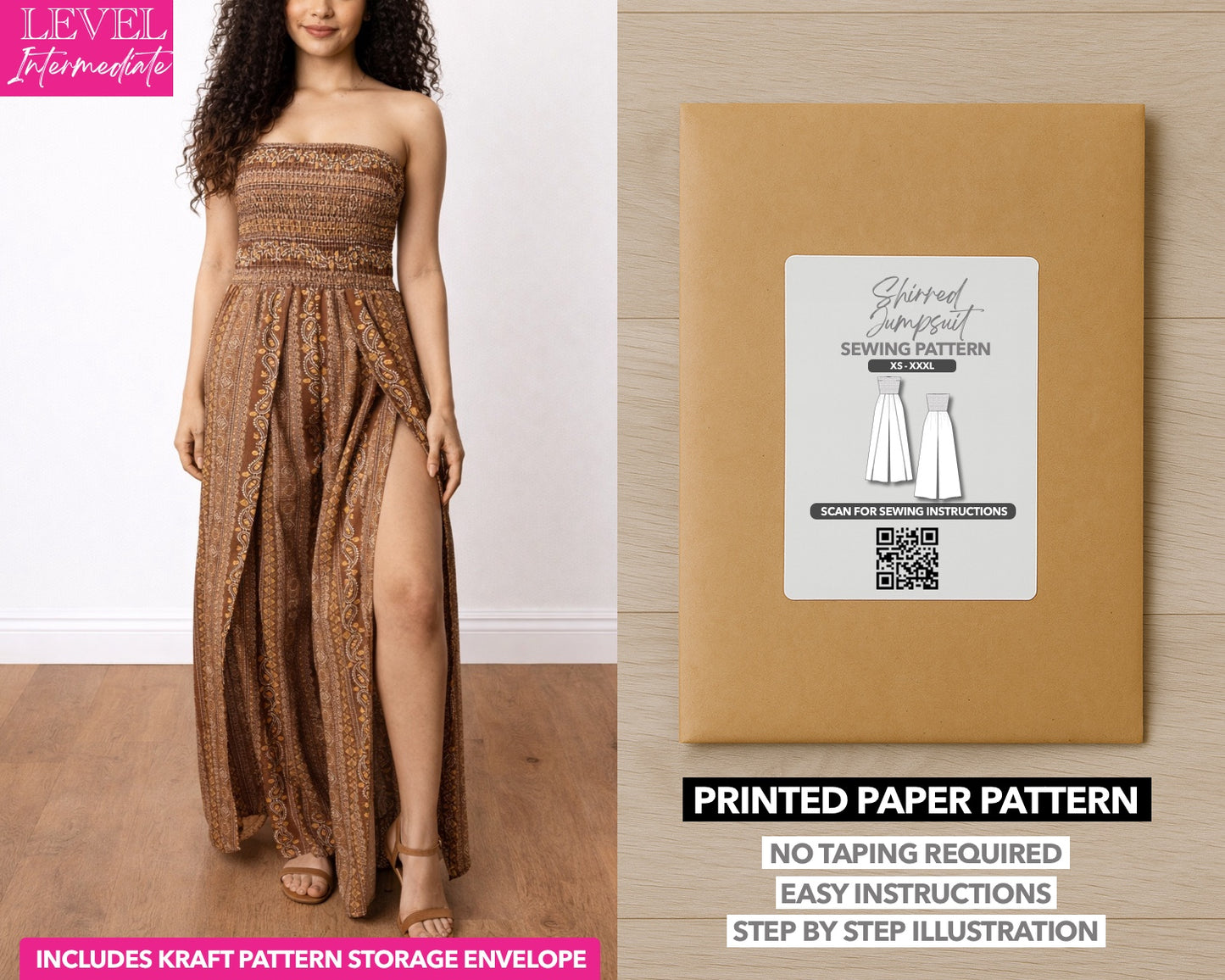 Split Thigh Shirred Tube Jumpsuit printed sewing pattern with easy instructions and step by step illustrations.