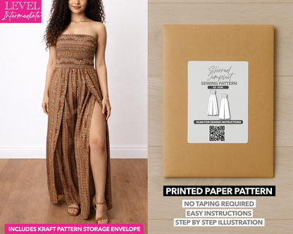 Split Thigh Shirred Tube Jumpsuit printed sewing pattern with easy instructions and step by step illustrations.