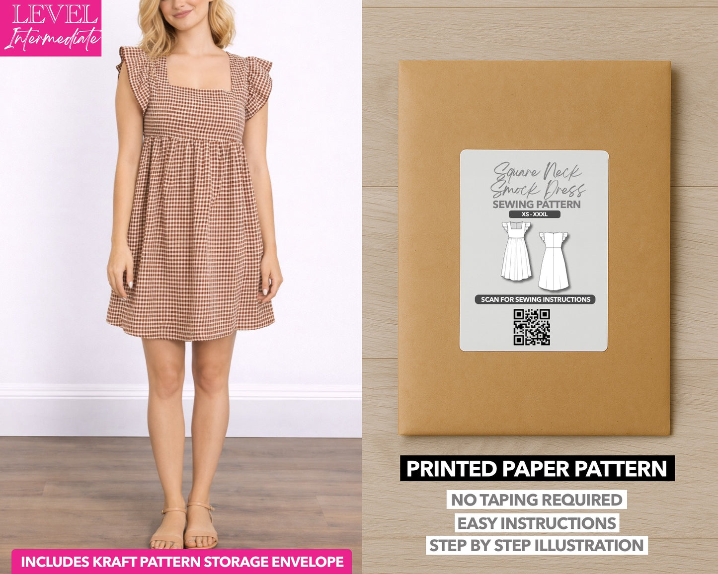 Square Neck Butterfly Sleeve Smock Dress Sewing Pattern