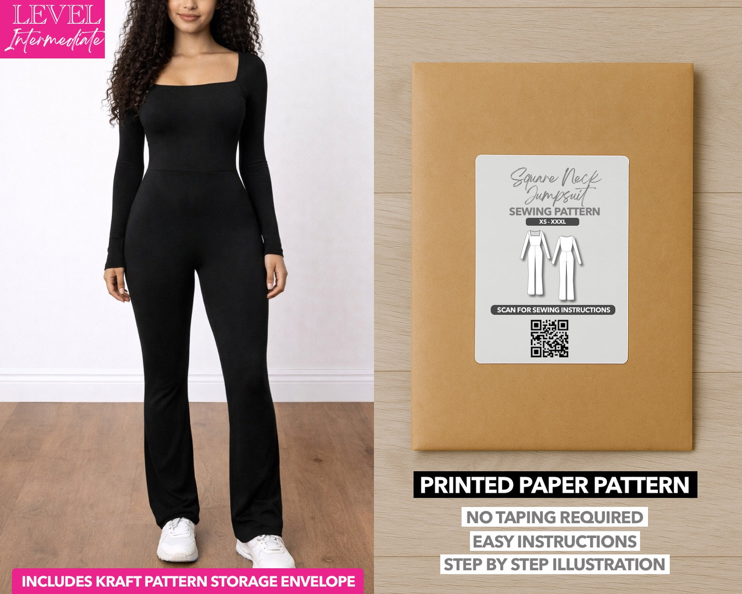 Square Neck Flare Leg Jumpsuit printed sewing pattern with easy instructions and step by step illustrations.