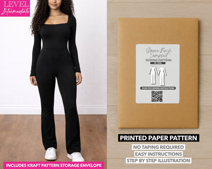 Square Neck Flare Leg Jumpsuit printed sewing pattern with easy instructions and step by step illustrations.
