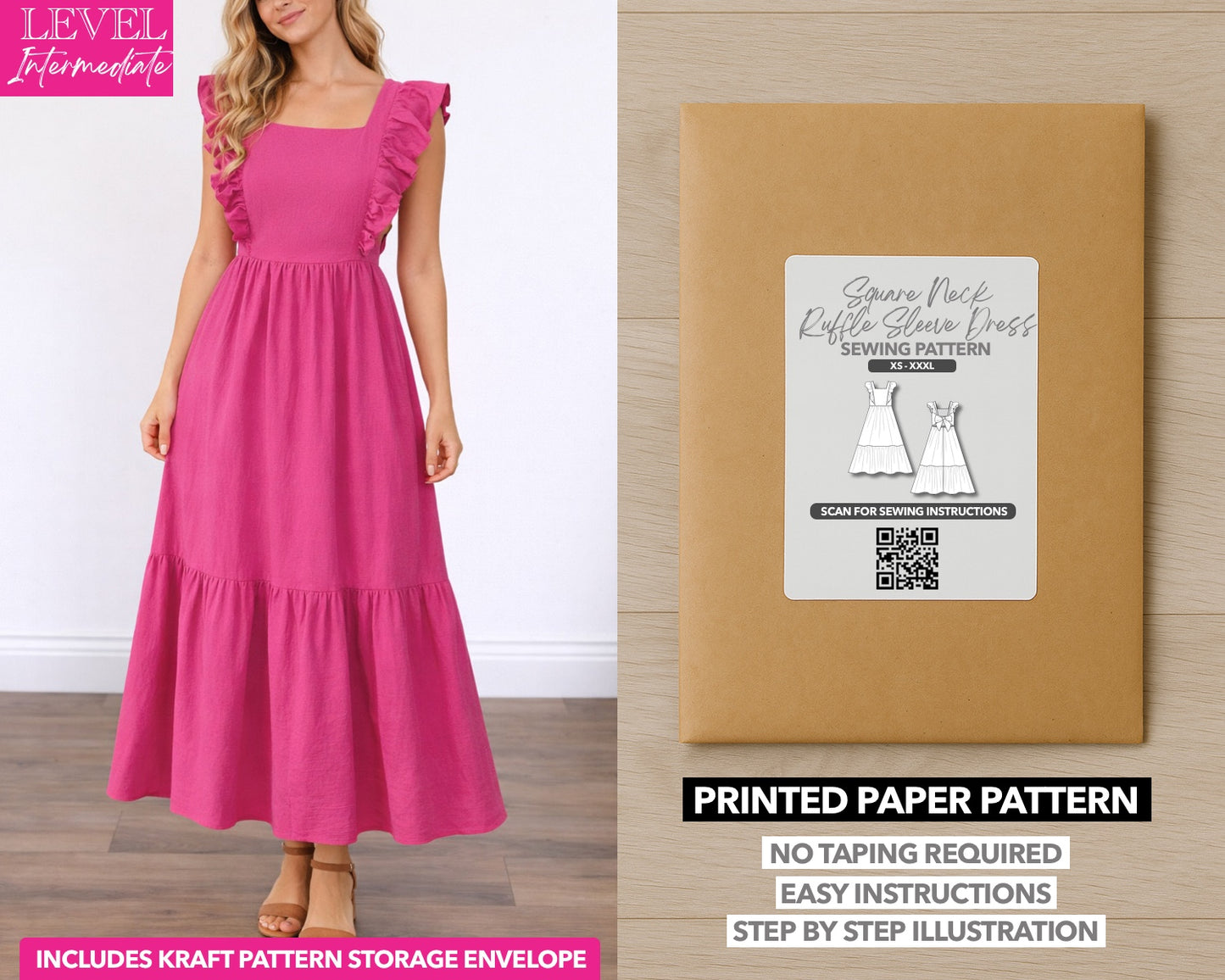 Square Neck Ruffled Sleeve Maxi Dress printed sewing pattern with easy instructions and step by step illustrations.