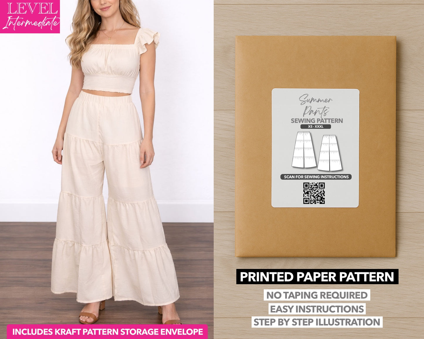 High Waist Tiered Pants printed sewing pattern with easy instructions and step by step illustrations.