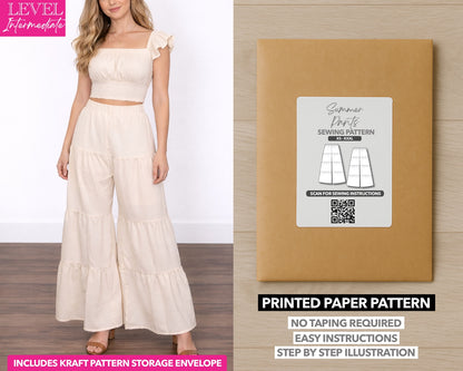 High Waist Tiered Pants printed sewing pattern with easy instructions and step by step illustrations.