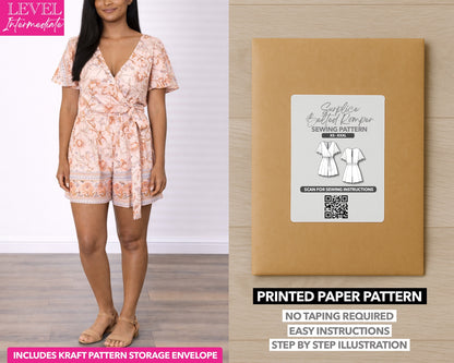 Surplice Belted Romper printed sewing pattern with easy instructions and step by step illustrations.
