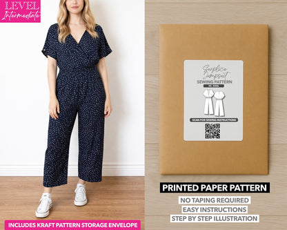 Surplice Jumpsuit printed sewing pattern with easy instructions and step by step illustrations.