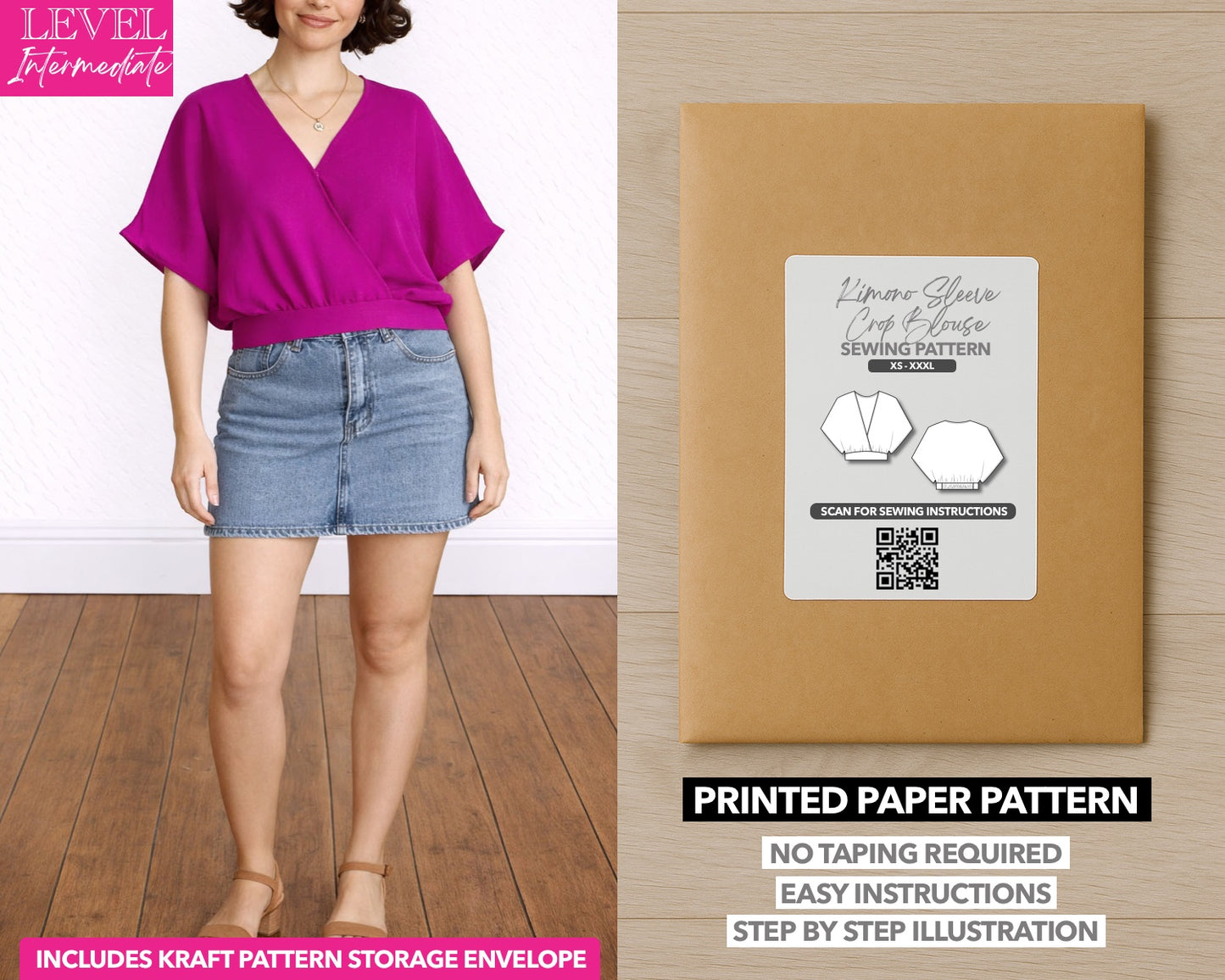 Surplice Kimono Sleeve Crop Blouse printed sewing pattern with easy instructions and step by step illustrations.