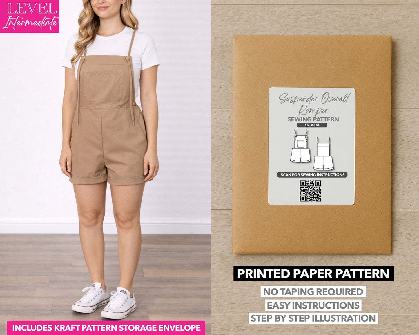 Suspender Rolled Hem Overall Romper printed sewing pattern with easy instructions and step by step illustrations.
