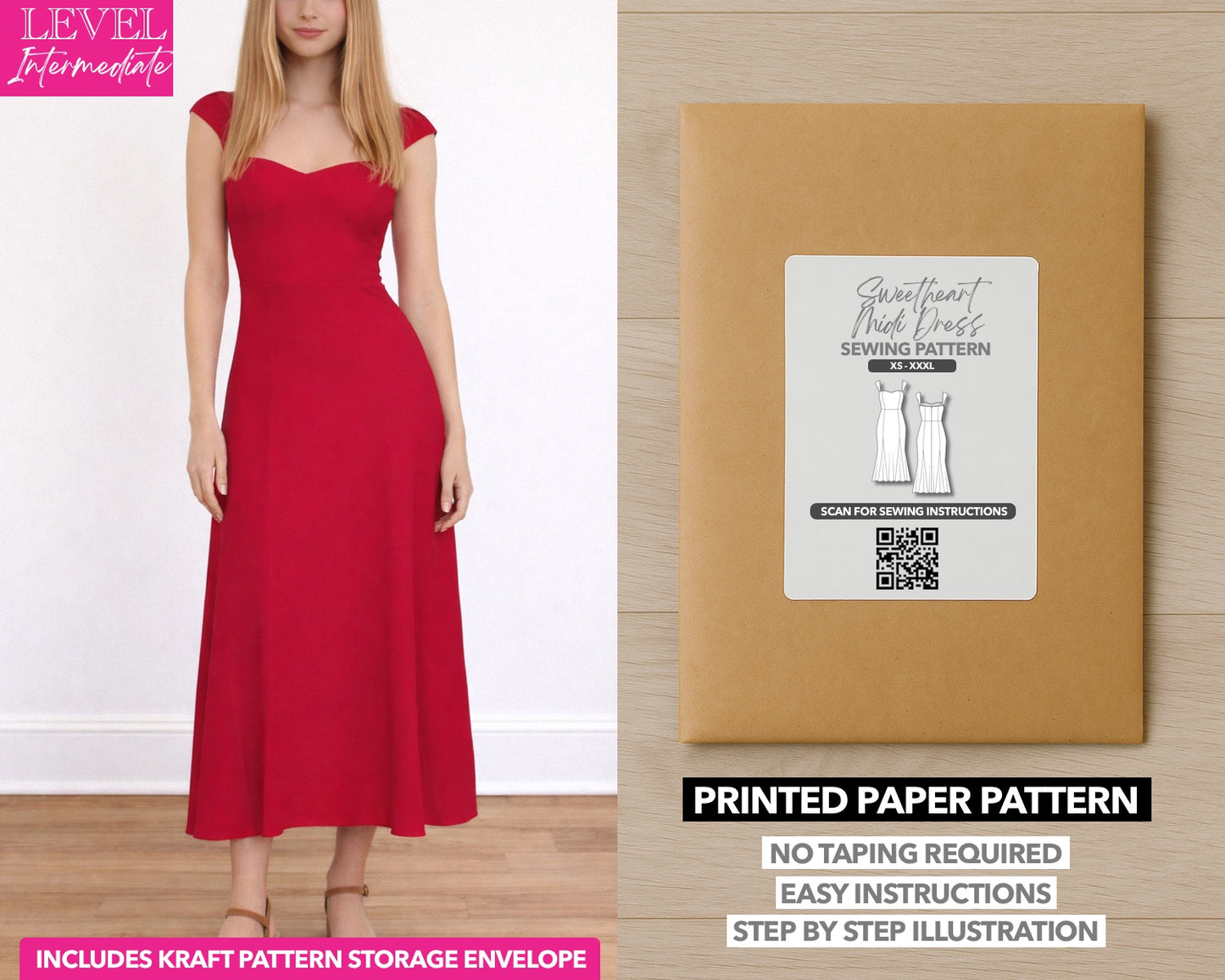 Sweetheart Cap Sleeve Midi Dress printed sewing pattern with easy instructions and step by step illustrations.