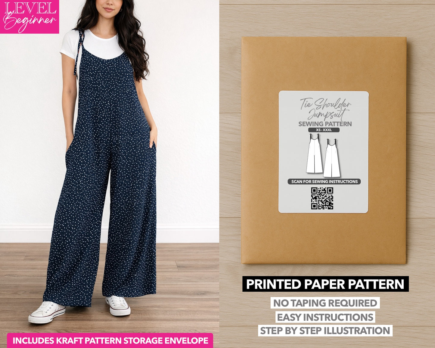 Tie Shoulder Jumpsuit printed sewing pattern with easy instructions and step by step illustrations.