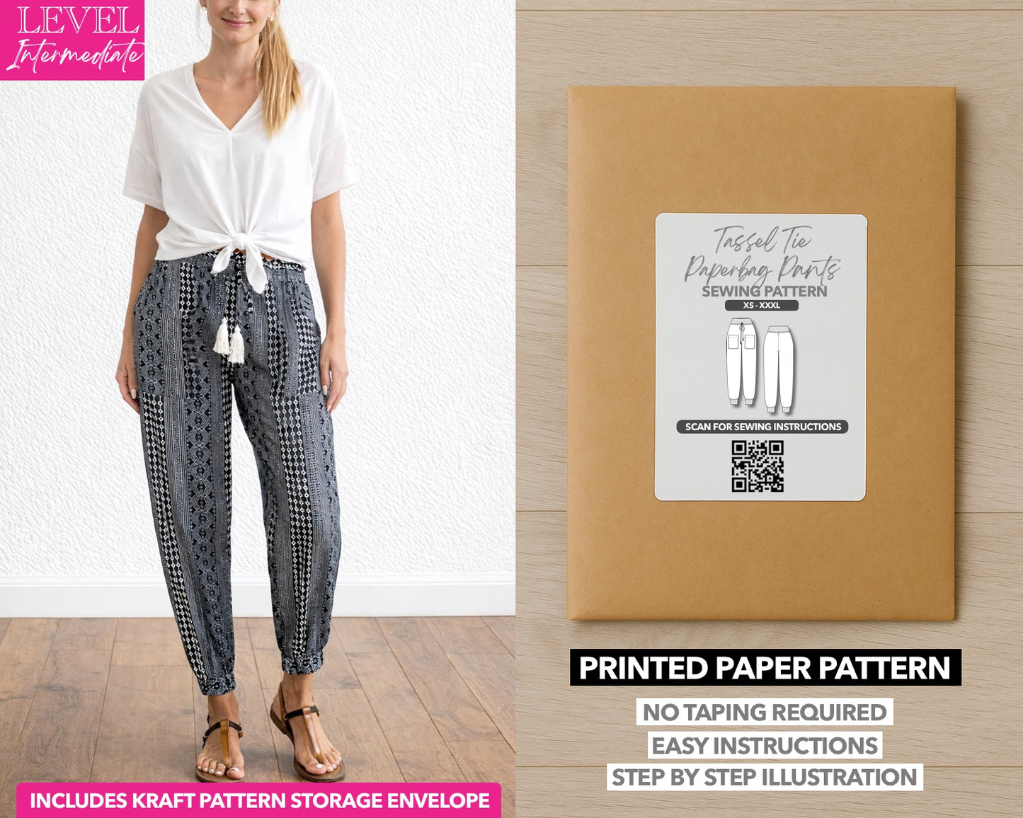 Tassel Tie Paperbag Pants printed sewing pattern with easy instructions and step by step illustrations.