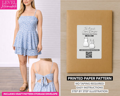 Tie Back Layered Cami Romper printed sewing pattern with easy instructions and step by step illustrations.