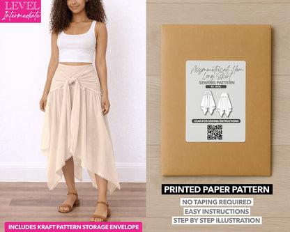 Tie Front Asymmetrical Hem Skirt printed sewing pattern with easy instructions and step by step illustrations.
