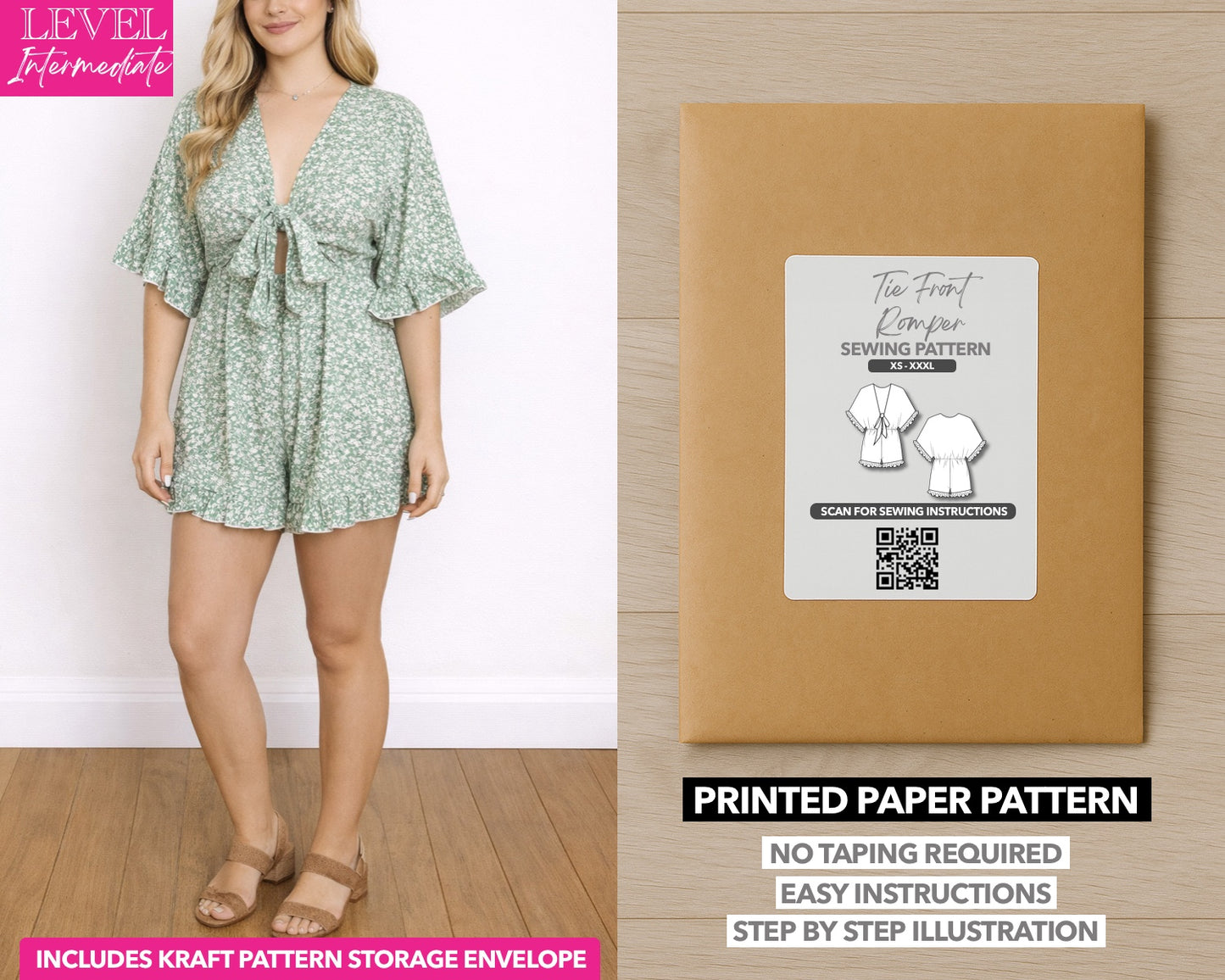 Tie Front Romper printed sewing pattern with easy instructions and step by step illustrations.