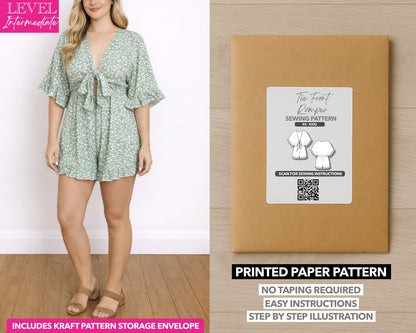 Tie Front Romper printed sewing pattern with easy instructions and step by step illustrations.