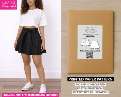 Tie Front Ruffle Hem Mini Skirt printed sewing pattern with easy instructions and step by step illustrations.